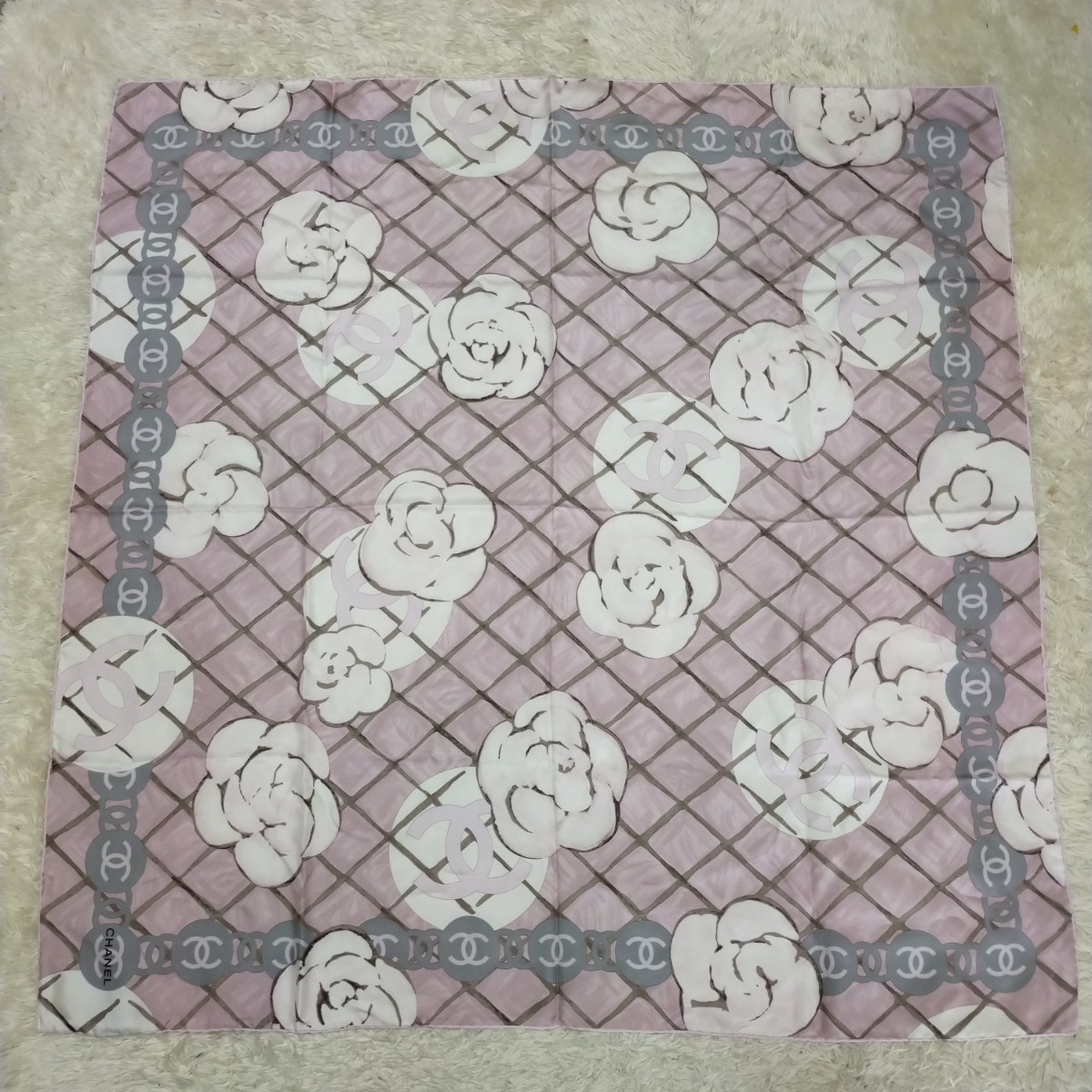 CHANEL シャネル ココマーク カメリア ピンク シルク スカーフ 大判