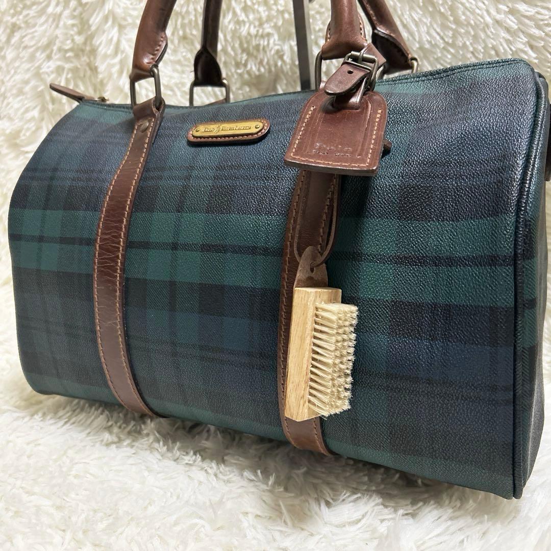 ポロラルフローレン ミニボストンバッグ PVC レザー グリーンチェック ポロラルフローレン PVCレザータグ付き ミニボストンバッグ チェック
